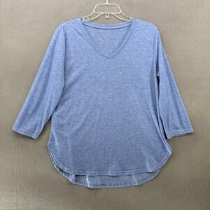 LG Tunic Top Womens Blue Heathered V-Neck 3/4 Sleeve Curved Hem Large C01835